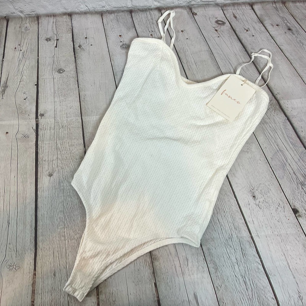 Fanco Ivory Speghetti Strap Bodysuit NWT Adjustable Straps Ribbed Cotton M